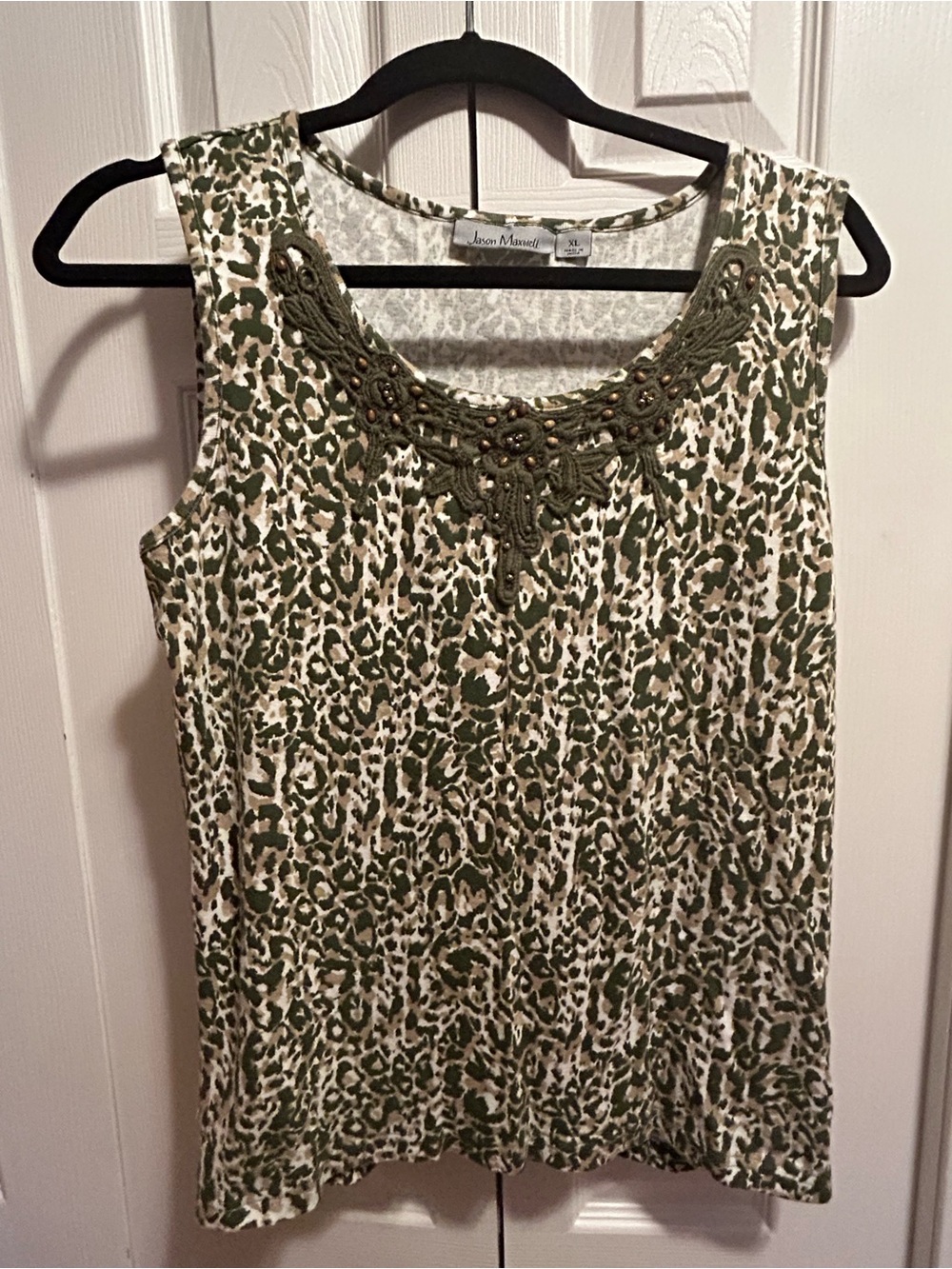 jason maxwell Olive and White Printed Embroidered Tank